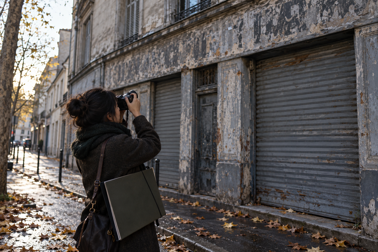 Graphiste photographiant des lettres peintes effacées sur la façade d'un ancien bâtiment